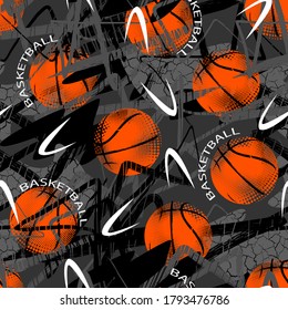 Abstract seamless grunge pattern for guys. Urban style modern background with basketball . Sport extreme style creative wallpaper