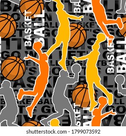 Abstract Seamless Grunge Pattern For Guys. Urban Style Modern Background With Basketball Player. Sport Style Creative Wallpaper