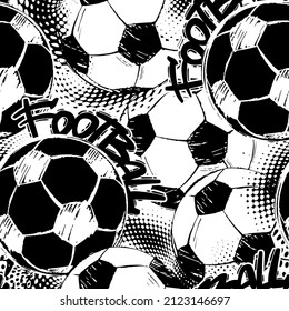 Abstract seamless grunge pattern for guys. Urban style modern background with soccer and football. Sport extreme style creative wallpaper