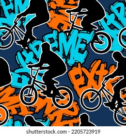 Abstract seamless grunge pattern for guys. Urban style modern background with with boy on bicycle BMX. Sport extreme style creative wallpaper