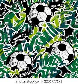 Abstract seamless grunge pattern for guys. Urban style modern background with soccer and slogans. Sport extreme style creative wallpaper