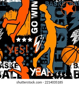 Abstract seamless grunge pattern for guys. Urban style modern background with basketball player. Sport style creative wallpaper