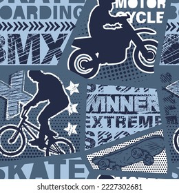 Abstract seamless grunge pattern for guys. Urban style modern background with boy on motorcycle. Sport extreme style creative wallpaper