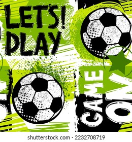 Abstract seamless grunge pattern for guys. Urban style modern background with soccer and slogans. Sport extreme style creative wallpaper