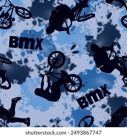 Abstract seamless grunge pattern for guys. Urban style background with boy on bicycle BMX. Sport extreme style creative wallpaper
