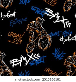 Abstract seamless grunge pattern for guys. Urban style modern background with boy on bicycle BMX and skateboards. Sport extreme style creative wallpaper