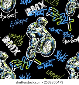 Abstrato padrão grunge sem emenda para homens. Estilo urbano fundo moderno com menino em bicicleta BMX e skates. Esporte estilo extremo criativo wallpaper