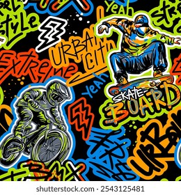 Abstract seamless grunge pattern for guys. Urban style modern background with boy on bicycle BMX and skateboards. Sport extreme style creative wallpaper