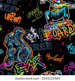 Abstract seamless grunge pattern for guys. Urban style modern background with boy on bicycle BMX and skateboards. Sport extreme style creative wallpaper