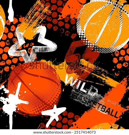 Abstract seamless grunge pattern for guys. Urban style modern background with basketball and slogans. Sport extreme style creative wallpaper