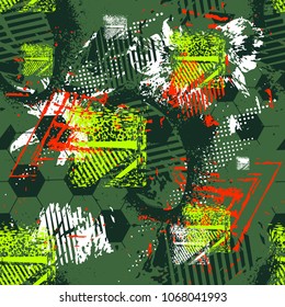 Abstract seamless grunge pattern with hexagon ornament from urban soccer ball. Chaotic textured repeated backdrop for boy, textile, sport clothes, wrapping paper. Geometric elements, squares, lines