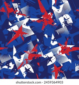 Abstract seamless grunge pattern for Independence Day USA print, wrapping paper. Grunge background elements for July 4th in the national colors of the United States of America. Urban modern print star