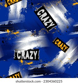 Abstract seamless Grunge pattern with lettering. Text Crazy on grungy background. Textured Geometric repeat print.  Endless ornament with cracked linear wall, brush track, shabby Texture wall