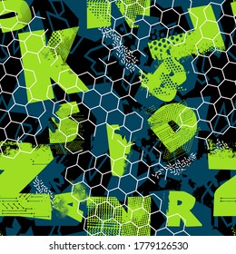 Abstract  seamless grunge pattern  with lightning, dots, geometric, words, letters and spray elements. Drive modern creative wallpaper in sport style for sportswear, fashion textile, wrapping paper an