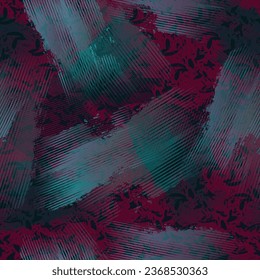 Abstract seamless grunge pattern with lines, cracked textured background in burgundy color and blue elements.