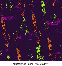 Abstract seamless grunge pattern. Neon colourful across lines track repeated backdrop on dark purple background. Grungy textured wallpaper. 