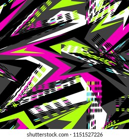 Abstract seamless grunge pattern. Neon colorful chaotic wallpaper. Geometric repeated backdrop for textile, clothes, wrapping paper. Repeating geometrical ornament with curved lines, dots, 