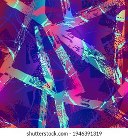 Abstract seamless Grunge pattern. Neon grungy repeated print for fashion textile, clothes, wrapping paper. Geometric repeat prin with bus and rounds tracks.