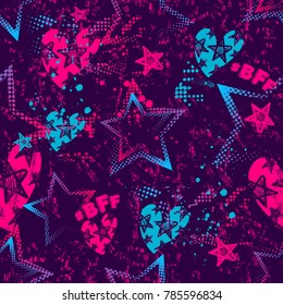 Abstract seamless grunge pattern on purple background. Colorful stars and hearts repeated backdrop for girls, fashion textile, clothes, wrapping paper. Dots shabby shapes. Romantic wallpaper.