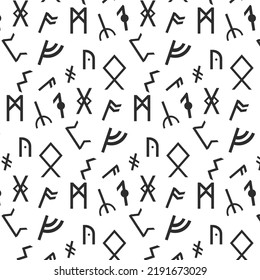Abstract seamless grunge pattern of runes on a white background. Vector illustration.