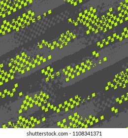 Abstract seamless grunge pattern with shabby lines, geometric elements, chequered ornament. Grungy textured wallpaper. Geometrical repeated backdrop for boy, sport textile, clothes wrapping paper. 