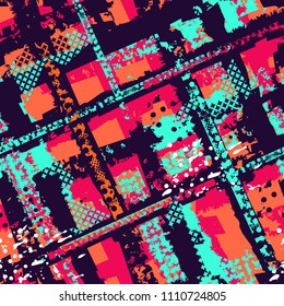 Abstract seamless grunge pattern with shabby lines, geometric elements. Grungy textured wallpaper. Geometrical repeated backdrop for boy, sport textile, clothes wrapping paper. 