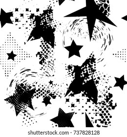Abstract seamless grunge pattern with shabby stars, dots, spray paint ink. Monochrome repeated backdrop. Black and white background