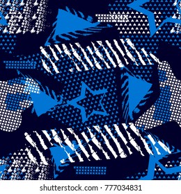 Abstract seamless grunge pattern with shabby lines, little triangles,  squares,  stars. Geometric shape on dark blue background. Urban repeated backdrop for textile, clothes mmm wrapping paper. 