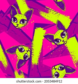 Abstract seamless Grunge pattern with sphynx cat face drawing in bright neon colors with brush track on geometric background. Geometrical repeated print and kitten muzzle.