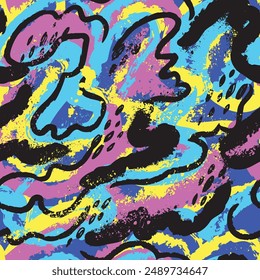 Abstractas patrón de grunge sin costuras con salpicaduras, pinceladas en colores azul, rosa y amarillo. Pintura de Gouache. Pintura grunge ornamento. Línea ondulada.