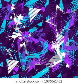 Abstract seamless grunge pattern with stars, dots, lines, triangles, spray paint ink, dots, Shabby shape. urban repeated backdrop in purple and pink colors. Chaotic wall for boy, girl, sport textile