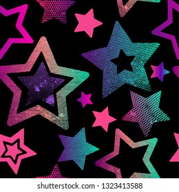 Abstract seamless grunge pattern  with stars. Bright gradient background. Girlish repeated backdrop for textile, clothes. Original wallpaper