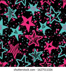 Abstract seamless grunge pattern  with stars. Bright hand drawn background. Girlish repeated backdrop for textile, clothes. Original  stars wallpaper