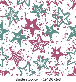 Abstract seamless grunge pattern  with stars. Bright hand drawn background. Girlish repeated backdrop for textile, clothes. Original  stars wallpaper