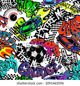 Abstract seamless grunge pattern with text drawing in graffiti style,  shabby spray paint ink, textured silhouette of ball, squares taxi flag ornament, speed sport car, fire, sign of hand, speedometer