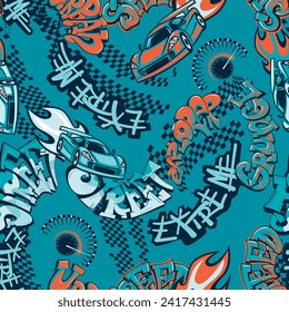 Abstract seamless grunge pattern with text drawing in graffiti style, squares taxi flag ornament, speed sport car, fire, sign of hand, speedometer.