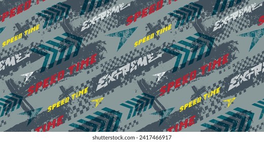 Abstract seamless grunge pattern with text extreme, speed time. Geometric ornament for boy clothes. sport textile, wrapping paper. Urban style background  textured geometric grunge wallpaper