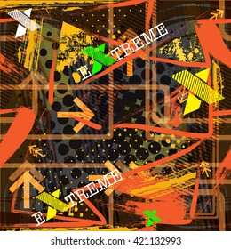 Abstract seamless  grunge  pattern for textile. Modern  background. pattern for guys. modern background with trace of tire, lightning, dots , bright element. extreme and drive style