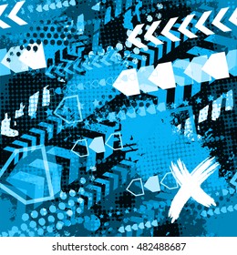 Abstract seamless  grunge  pattern for textile. Modern  background. pattern for guys. modern background with trace of tire, lightning, dots , bright element. extreme and drive style