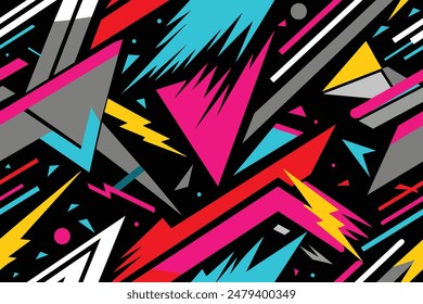 Abstract seamless grunge pattern. Urban art texture with neon lines, triangles, chaotic brush strokes, ink elements. Colorful graffiti vector background