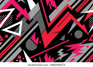 Abstract seamless grunge pattern. Urban art texture with neon lines, triangles, chaotic brush strokes, ink elements. Colorful graffiti vector background