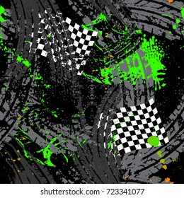 Abstract seamless grunge pattern. Urban style on dark chaos background with trace of tire, squares, spray paint ink elements. Modern creative wallpaper for guys, textile, clothes, wrapping paper