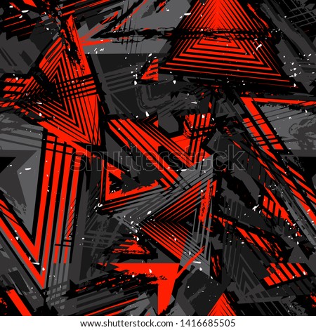 Abstract seamless grunge pattern. Urban art texture with neon lines, triangles, chaotic brush strokes, ink elements. Colorful graffiti vector background. Trendy design in red, black and gray color