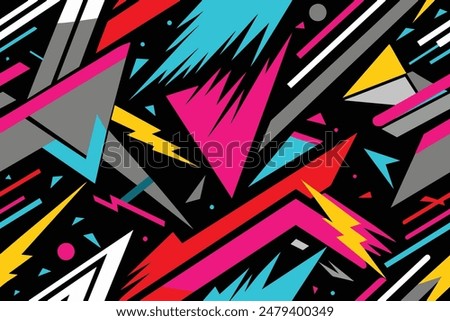 Abstract seamless grunge pattern. Urban art texture with neon lines, triangles, chaotic brush strokes, ink elements. Colorful graffiti vector background