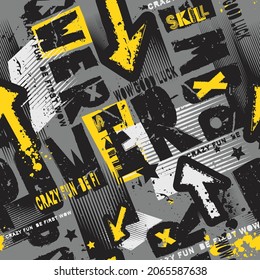 Abstract seamless grunge power pattern. Grungy textured print for fashion textile, sport clothes, wrapping paper. Graffiti wording repeat ornament. Lettering and arrow endless background.