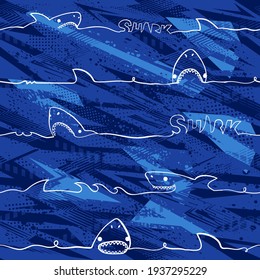 Abstract seamless Grunge shark pattern. Lines predator silhouette. Textured repeat print for boy, sport textile, clothes, wrapping paper.