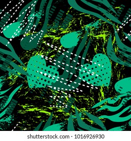 Abstract seamless grunge sport pattern for girl and boy. Creative colorful wallpaper with stripes, heart, dots. Grunge sport urban background for textile, sport clothes. Fashion sport pattern style.