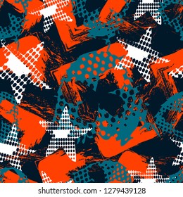 Abstract seamless grunge sport pattern for girls,boys.Creative vector background with butterfly, stars, geometric figures. Funny butterfly wallpaper for textile and fabric. Fashion grunge sport style.