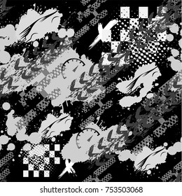 Abstract seamless grunge sport pattern for girls, boys, clothes, sportswear. Creative vector background with sport car track. Funny sport wallpaper for textile and fabric. Fashion grunge style.