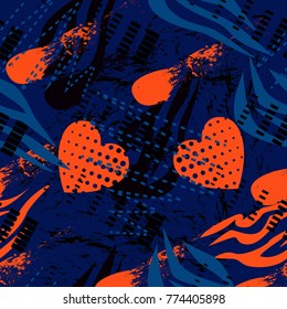 Abstract seamless grunge sport pattern for girl and boy. Creative colorful wallpaper with stripes, heart, dots. Grunge sport urban background for textile, sport clothes. Fashion sport style.